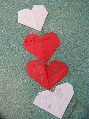 Some of the origami hearts made for this installation. 